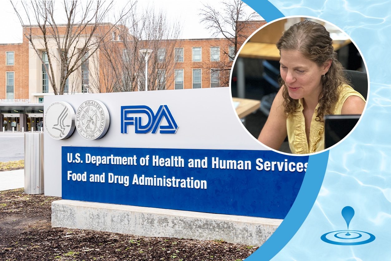 Image of the FDA building and an image of an in2being employee smiling and working at her desk, along with the in2being water drop logo.